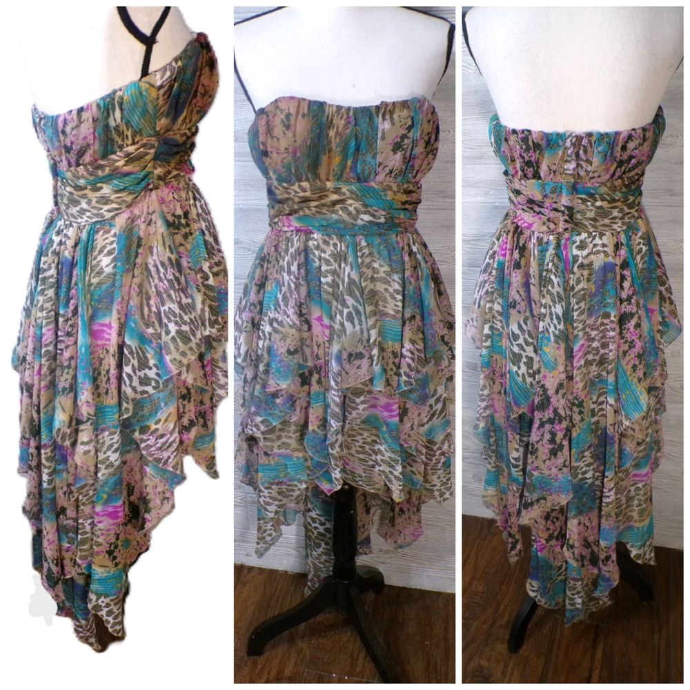 Y2k Babydoll Hi Low Dress S Strapless Chiffon Floral Cheetah Teal purple Fairy
